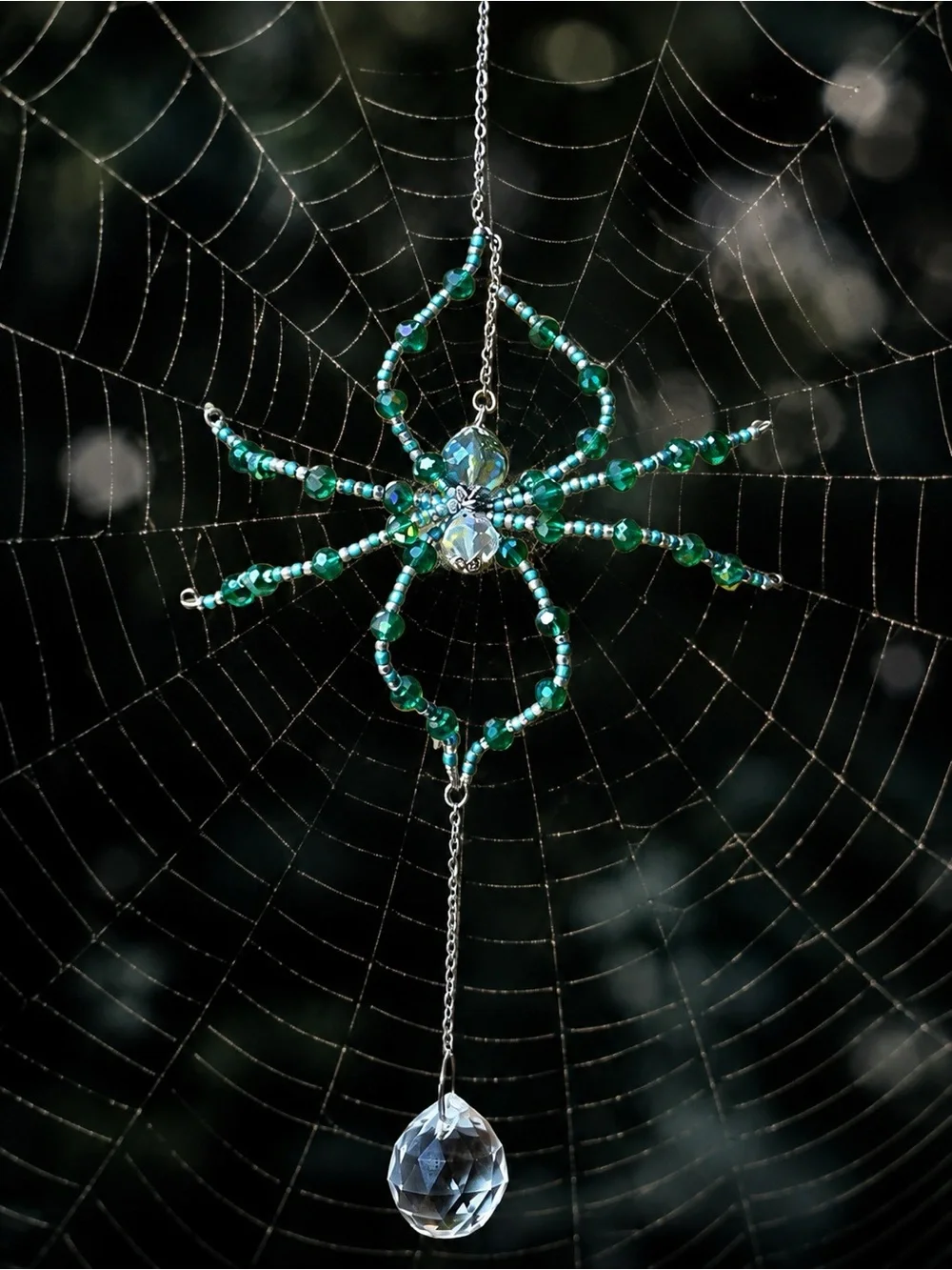 Emerald Green Beaded Spider Crystal Suncatcher